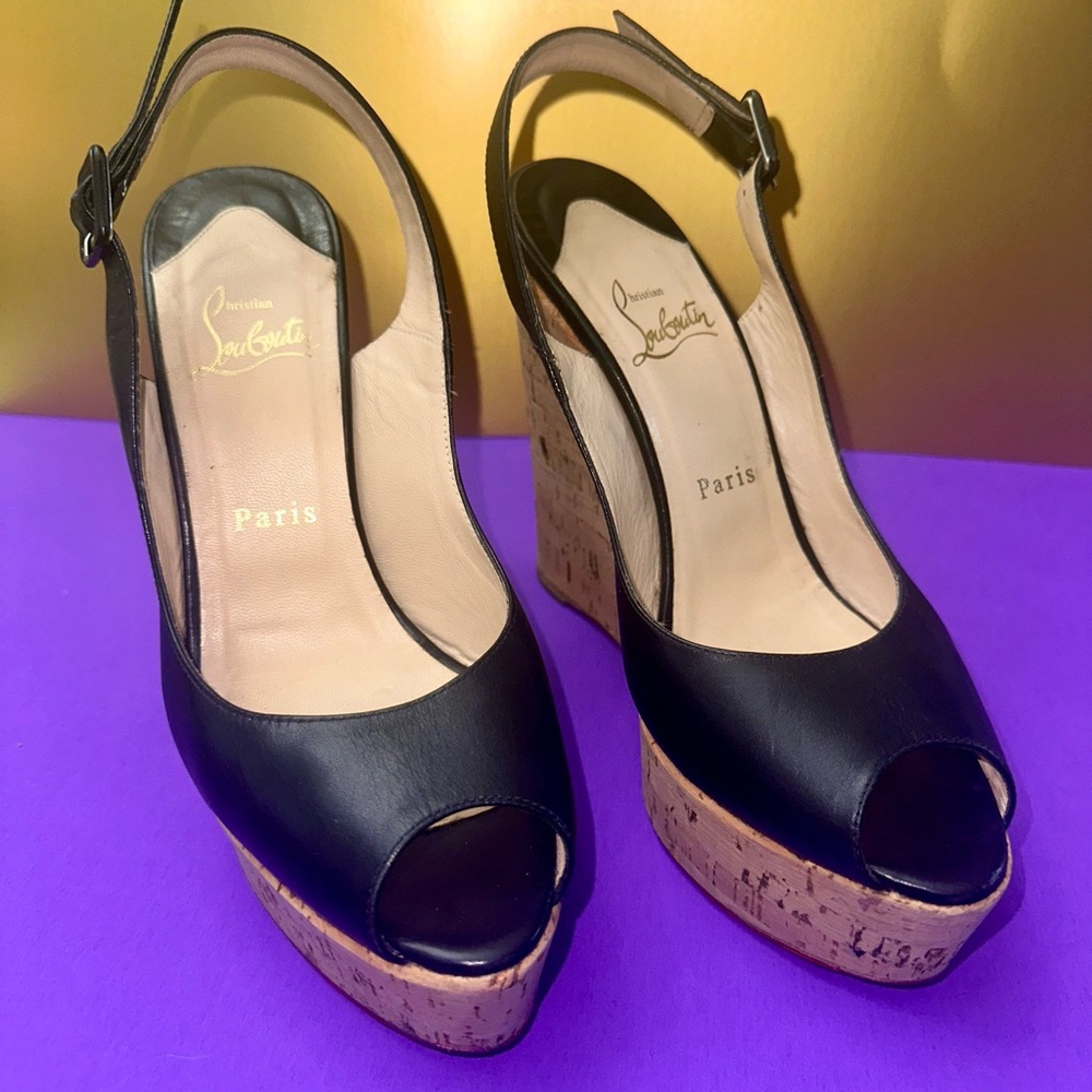 Christian Louboutin Une Plume Sling 120 Black PATENT/CORK MATT - Size 38